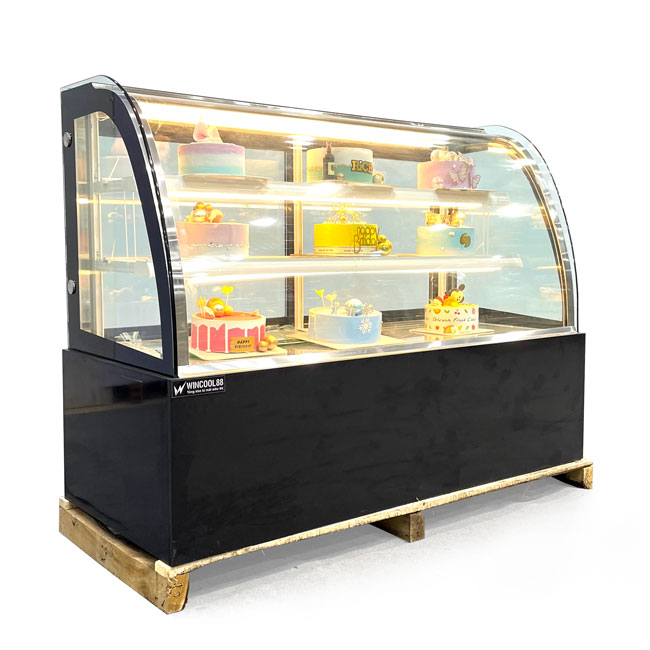 Tủ bánh kem kệ vàng 1m5 kính cong 3 tầng màu đen