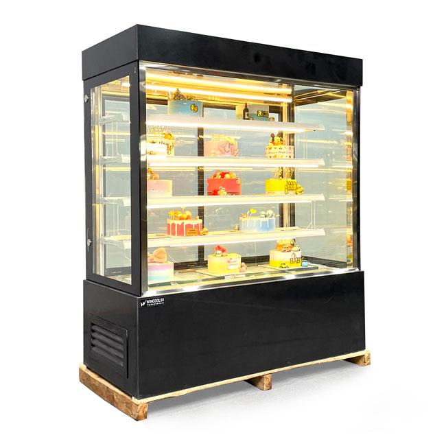 Tủ bánh kem kệ vàng 1m8 kính vuông 5 tầng màu đen