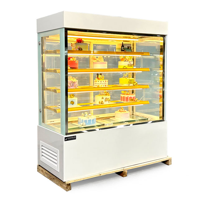 Tủ bánh kem kệ vàng 1m8 kính vuông 5 tầng màu trắng