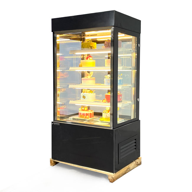 Tủ bánh kem kệ vàng 90cm kính vuông 5 tầng màu đen