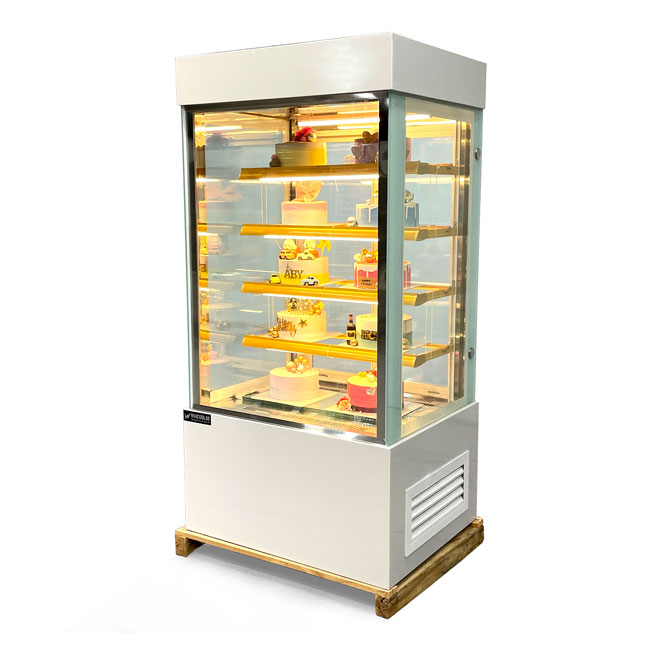 Tủ bánh kem kệ vàng 90cm kính vuông 5 tầng màu trắng